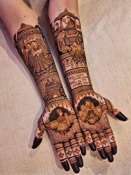 A grand storytelling design depicting the bride in a doli, the groom on an elephant, and portraits of the couple, capturing the essence of a royal wedding.