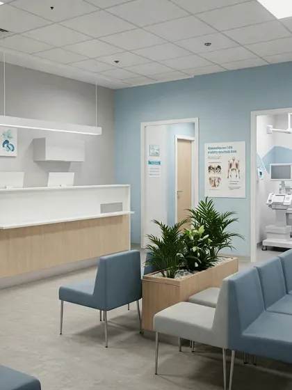 A functional clinic layout showing the reception desk and waiting area with a view into an examination room. The design uses a clean color palette and incorporates planters to divide the space.