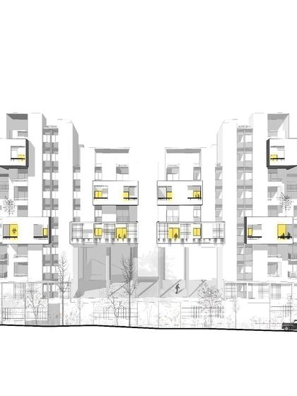 A frontal elevation illustration of Aurum Avenue, showing the rhythm and pattern of the projecting balconies that give the project its unique character.