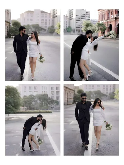 A collage showcasing different moments from their city shoot. It includes a playful dip and kiss, a confident walk, and a romantic embrace, demonstrating the variety of dynamic and stylish shots we can achieve in an urban environment.