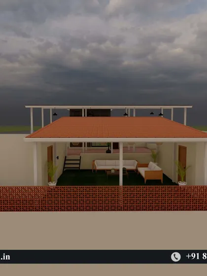 An exterior view from the 3D design, showing how the new rooftop structure will look from the outside, complete with a jali brick privacy wall.