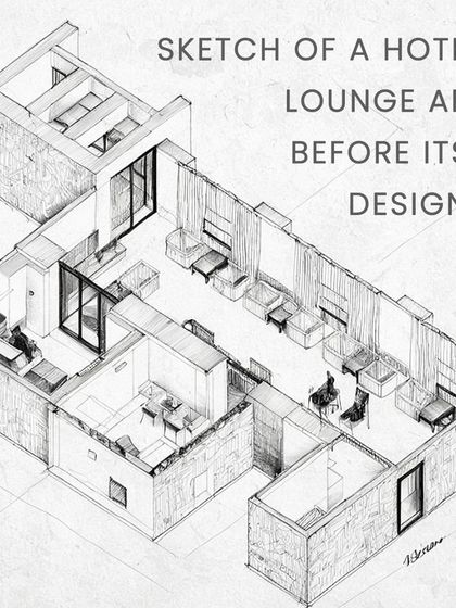 This series shows our complete design process. It starts with detailed on-site measurements, moves to conceptual sketches of the layout, and finishes with the final 3D model of the building's facade.