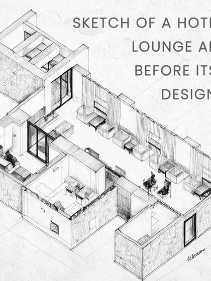This series shows our complete design process. It starts with detailed on-site measurements, moves to conceptual sketches of the layout, and finishes with the final 3D model of the building's facade.