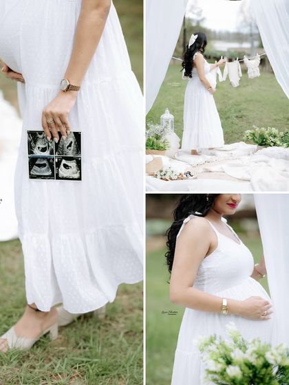 A collage showcasing the beautiful details of an outdoor maternity session, from the sonogram photos to the sweet, candid moments.