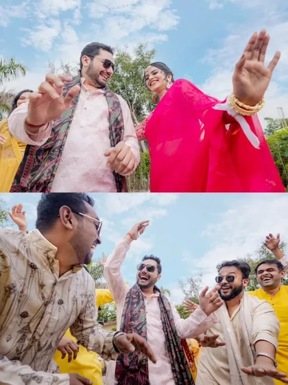 A high-energy, fun moment from a pre-wedding celebration. The wide-angle shot captures the couple dancing with their friends, full of life and joy. These are the memories that make a wedding journey special.