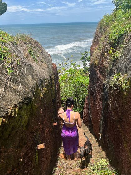 Walking down to the beach with a furry friend joining the adventure.