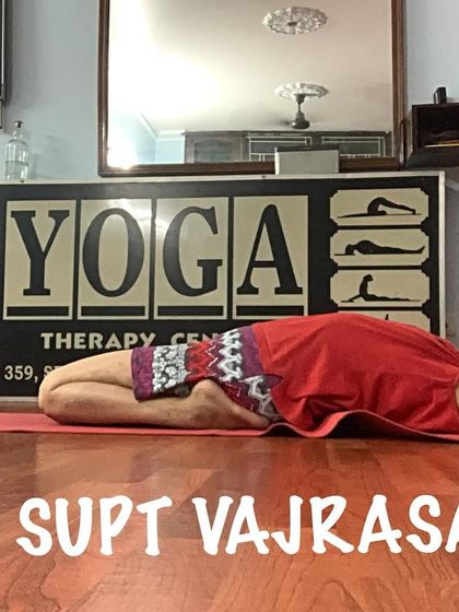 Supta Vajrasana, or Reclined Thunderbolt Pose. This is an intense stretch for the thighs and a deep backbend.