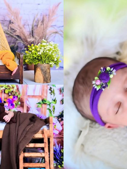 A collage of peaceful newborn portraits, showing different angles and props.