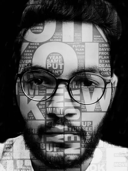 An example of our Word Cloud Art, where a guest's portrait is artistically recreated using words and phrases. This is a deeply personal and creative takeaway that transforms a simple photo into a unique piece of art.