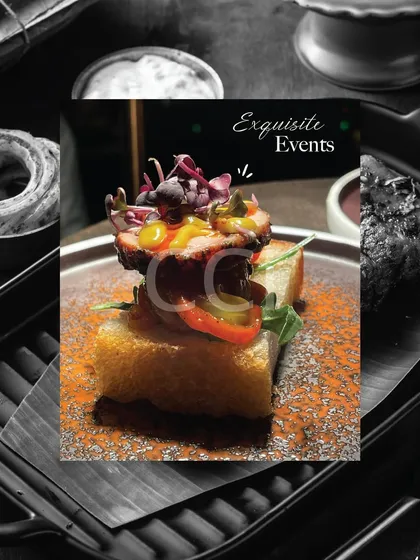 A stylized close-up of one of our exquisite canapés. This image represents the flawless execution and unmatched elegance our team brings to every event, from intimate dinners to grand galas.