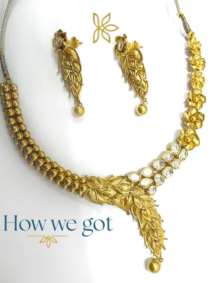 This is how we got the original pieces for the transformation. This necklace was deconstructed to provide the gold elements for the new, upcycled design.