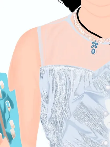 Another detail shot of the custom portrait, highlighting the necklace and sheer fabric of the dress.