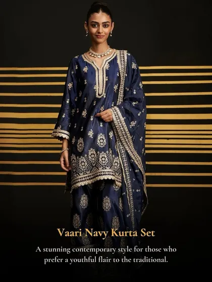 The Vaari Navy Kurta Set is a stunning contemporary style for those who prefer a youthful flair to the traditional.