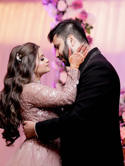 An intimate close-up of the couple during their engagement, capturing their deep connection.