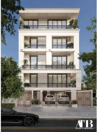 This four-story residence in Vasant Vihar, New Delhi, demonstrates our approach to urban luxury. The design features a clean, all-white neo-classical facade, accented with intricate black metal railings and a statement gate, blending classical grandeur with modern living requirements.
