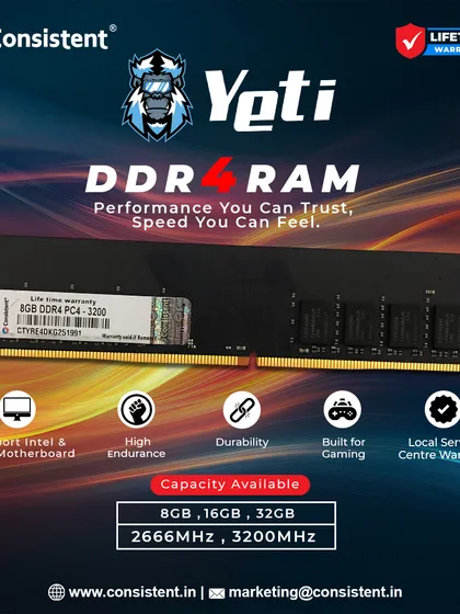 Unleash peak gaming performance with our Yeti DDR4 RAM. This module is built for high endurance and low latency, supporting both Intel and AMD motherboards. It's available in multiple capacities and speeds to match your gaming needs.