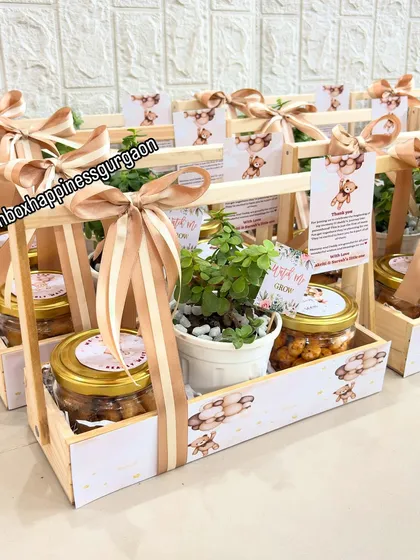 A row of beautifully arranged baby shower favors, showing my capacity to handle large orders while maintaining attention to detail.