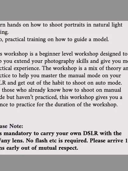 Here are the key details for the portrait workshop. I make sure we cover practical skills, like how to shoot in natural light and, just as importantly, how to guide someone to get a great, unposed shot. It’s all hands-on learning.