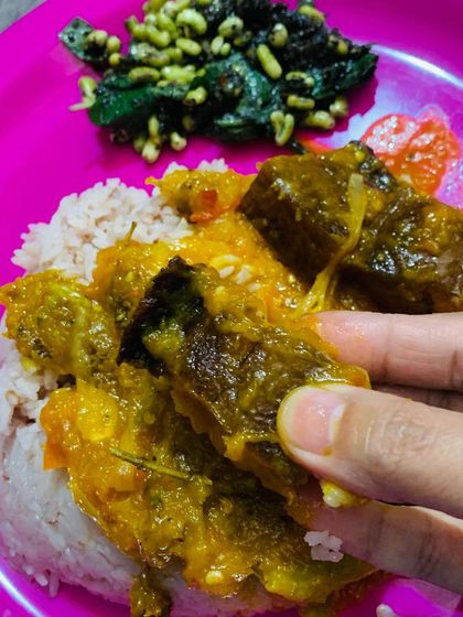 My lunch plate with smoked pork and pumpkin curry.