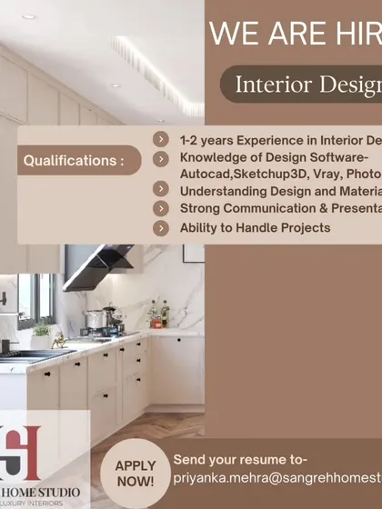 Interior design roles are a key part of my service. This posting for Sangreh Home Studio in Bangalore seeks an Interior Designer with 1-2 years of experience, specifying key software skills like AutoCAD, SketchUp3D, and Vray.