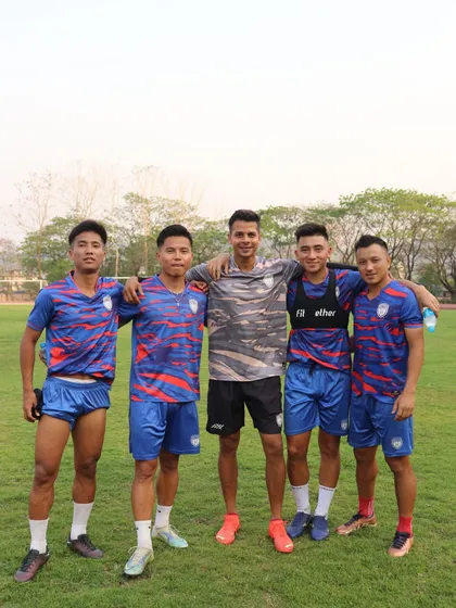 Posing with some of the talented players from NorthEast United FC. Building relationships with athletes is a key part of being an effective coach.
