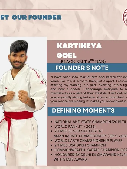I am Kartikeya Goel, a 3rd Dan Black Belt and international champion. I started this academy to share what martial arts gave me: discipline, strength, and a non-violent way of life. Here, you train directly with me and my team of experienced Senseis.