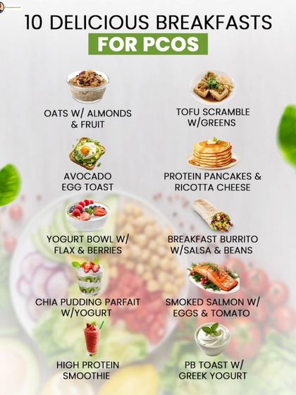 This graphic showcases 10 delicious and balanced breakfast ideas for PCOS, from tofu scramble and protein pancakes to a high-protein smoothie and smoked salmon with eggs.