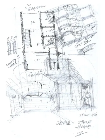The first sketch for the House of Solid Stone, born from a simple brief: to build only with stone. This drawing marks the beginning of a deep dive into the art of making with stone, blending traditional knowledge with contemporary structural design.