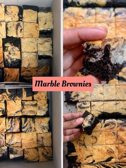 A collage showing my beautiful Marble Brownies. The swirl of chocolate and vanilla makes them as lovely to look at as they are to eat.