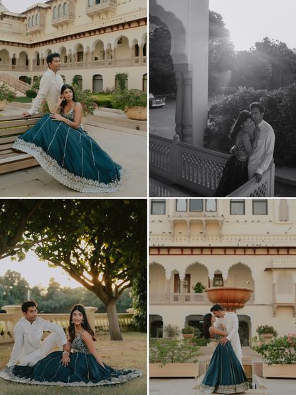 A collection of four moments from a pre-wedding shoot at Rambagh Palace. It showcases different settings within the property, from sunlit gardens to ornate balconies, capturing both posed elegance and candid intimacy.