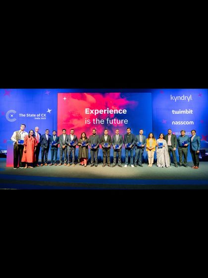 All the award winners on stage at 'The State of CX India 2025'. We managed the awards ceremony to celebrate the leaders in customer experience.