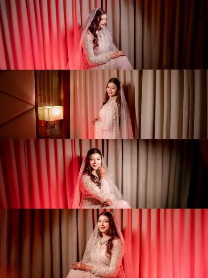 A series of portraits showing the bride in different poses. This filmstrip-style collage demonstrates the variety captured during a single bridal session.