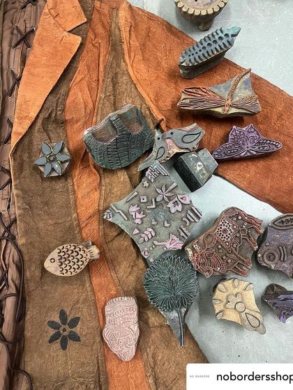 For this collaboration with No Borders, we experimented with printing on rare bark cloth. Our artisans used natural black dye to print nature-inspired motifs onto these statement jackets, bringing two ancient craft worlds together.