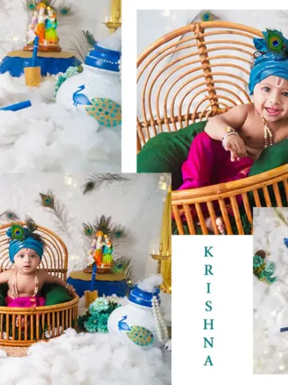 A collage from our mini Janmashtami setup, showing our little Kanha in various adorable poses.