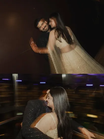 A collage of the couple sharing intimate and playful moments in an elevator. The motion blur and close-up shots create a sense of stolen moments and spontaneous joy.