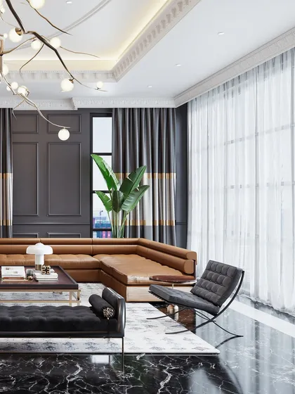 A formal living space visualization defined by dramatic black marble flooring and classical grey wall paneling. The render captures the contrast between the dark floor and the light filtering through sheer curtains.