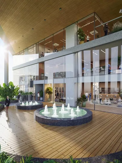 The open terrace garden of the Narmada project. These landscaped terraces are designed to naturally cool the outdoor spaces, showcasing innovation and comfort in commercial architecture.