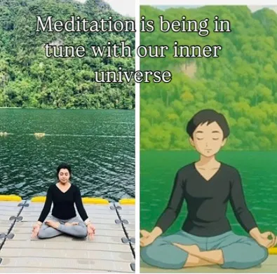 Meditation is the art of tuning into your inner universe. I love finding quiet moments, like this one by the lake, to connect with my breath and find stillness within.