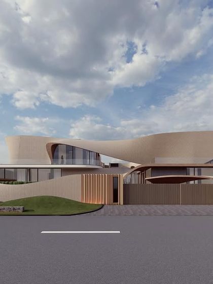 A concept for a fluidic architectural masterpiece, where two residences are linked under a single, swiveling roof. The design plays with dynamic contours and nature-inspired hues to redefine modern living.