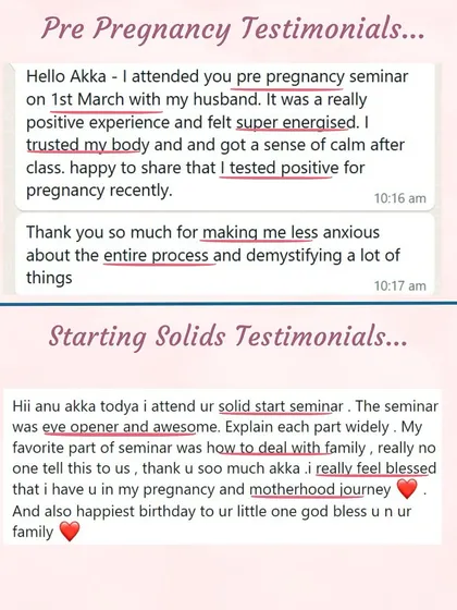 A mother who attended my pre-pregnancy seminar felt "super energised" and conceived soon after. Another mom calls the "Starting Solids" seminar an "eye opener" that made her feel blessed in her motherhood journey.