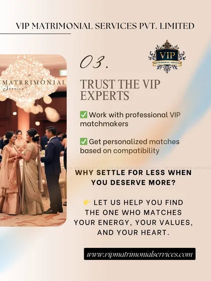 Trusting an expert is key in this personal journey. As a professional VIP matchmaker, I provide personalized matches based on deep compatibility analysis, helping you find a partner who matches your energy, values, and heart.