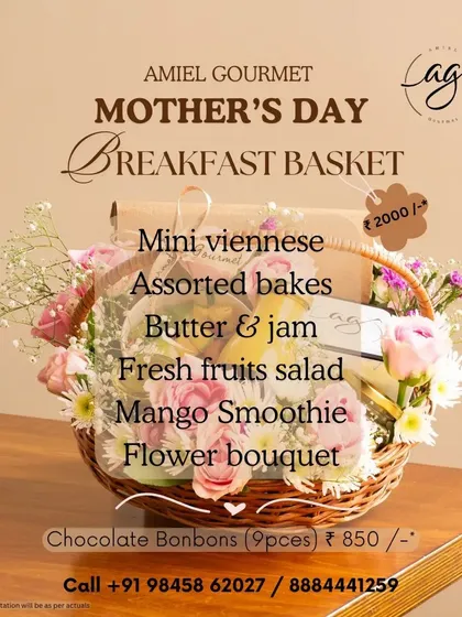Surprise Mom with my special Mother's Day Breakfast Basket. It includes mini viennoiserie, assorted bakes, butter and jam, fresh fruit salad, a mango smoothie, and a beautiful flower bouquet.
