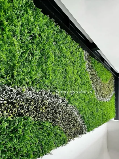 A green wall with a wave-like pattern created using different types of foliage, installed at the top of a wall near the ceiling.