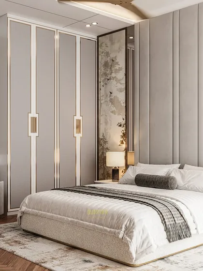 A view of the wardrobe and dressing area in the master bedroom render. The design uses a consistent color palette and materials to create a cohesive and serene space.