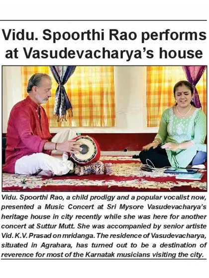 A newspaper clipping from the Star of Mysore featuring my performance at the historic residence of Sri Mysore Vasudevacharya. It's always special to see my music being recognized in the media.