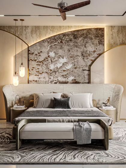 This render showcases a bedroom with a unique, organically shaped headboard and a textured feature wall. We've used lighting to emphasize the different materials and create a soft, luxurious ambiance.