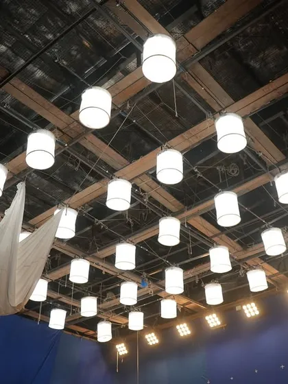 A wide shot of the ceiling rig for a commercial, featuring dozens of Prolights ECL panels configured as lanterns.
