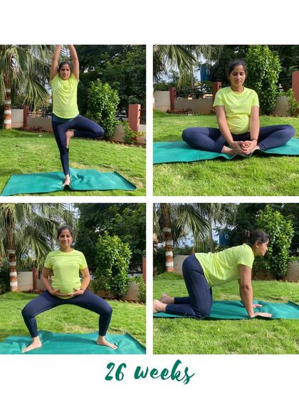 A lovely outdoor practice at 26 weeks, featuring Tree Pose, Goddess Pose, and Cat-Cow.