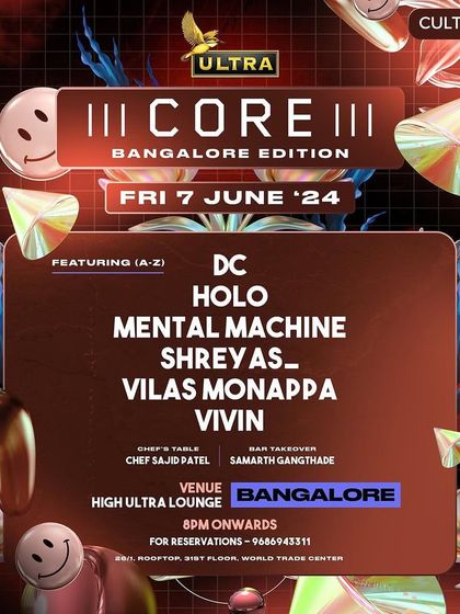 The Friday lineup poster for the "Core Bangalore Edition." Breaking down the lineup by day helps attendees plan and builds anticipation for each specific day.