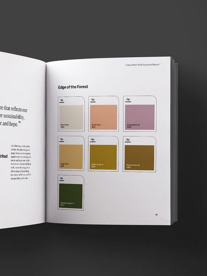 An inside spread of the ColourNext Forecast Report. This demonstrates our approach to information design, using a clean grid, clear color palettes, and ample white space to present the colour forecast in an accessible and elegant way.